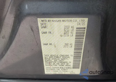 2015 Nissan Altima 2.5 Sl z USA, uszkodzony, nr VIN 1N4AL3APXFN867481